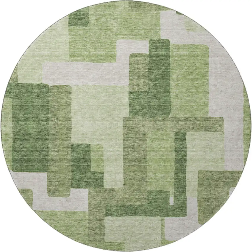 8' Green And Ivory Abstract Geometric Washable Round Rug With UV Protection Photo 3