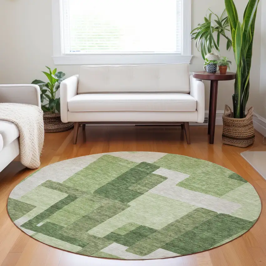 8' Green And Ivory Abstract Geometric Washable Round Rug With UV Protection Photo 4