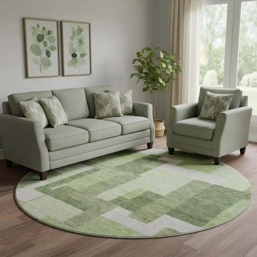 8' Green And Ivory Abstract Geometric Washable Round Rug With UV Protection Photo 1