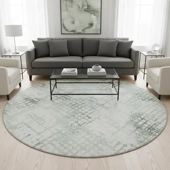 8' Green And Ivory Abstract Geometric Washable Round Rug With UV Protection Photo 2