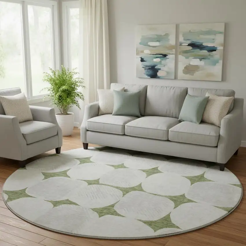8' Green And Ivory Abstract Geometric Washable Round Rug With UV Protection Photo 1