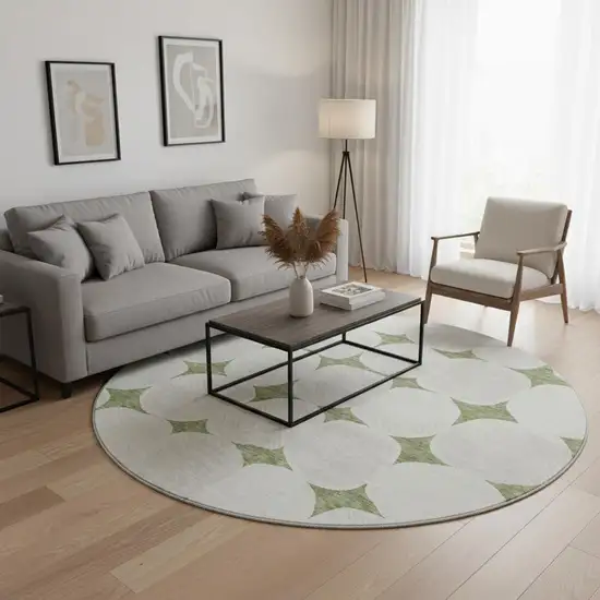 8' Green And Ivory Abstract Geometric Washable Round Rug With UV Protection Photo 2