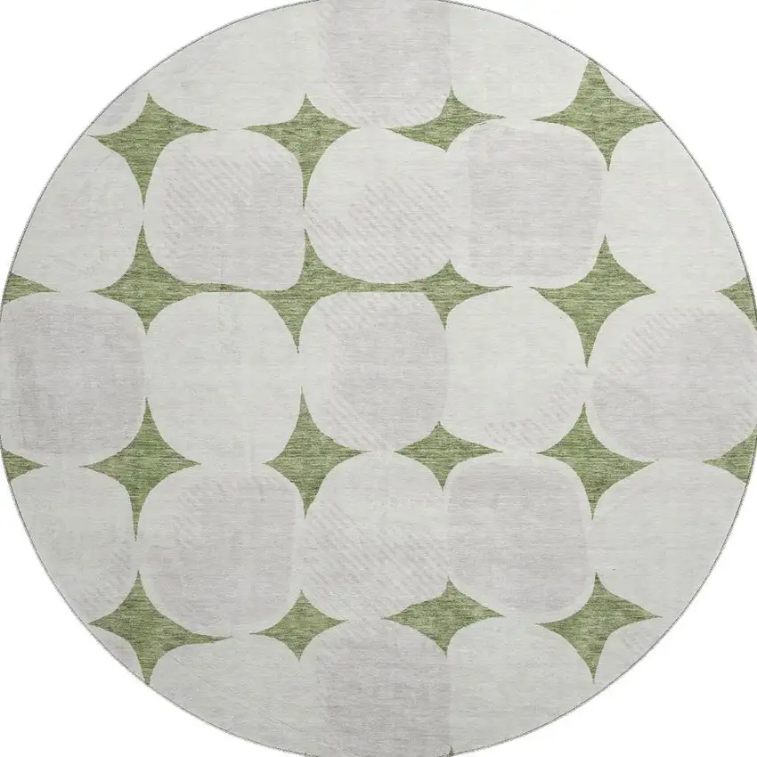 8' Green And Ivory Abstract Geometric Washable Round Rug With UV Protection Photo 4