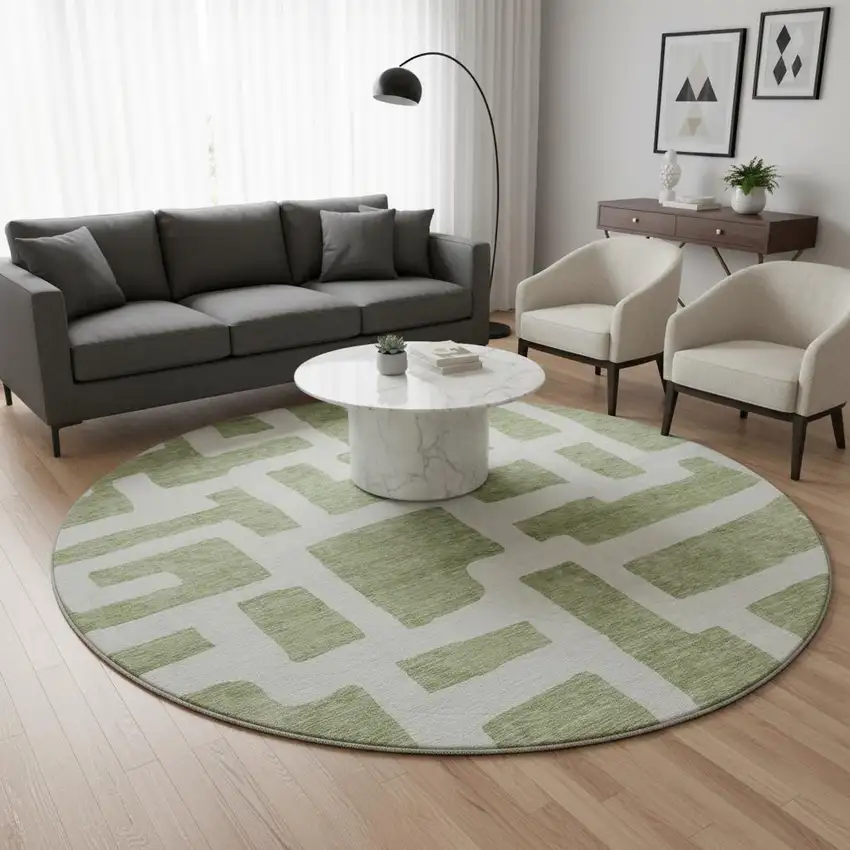 8' Green And Ivory Abstract Geometric Washable Round Rug With UV Protection Photo 2
