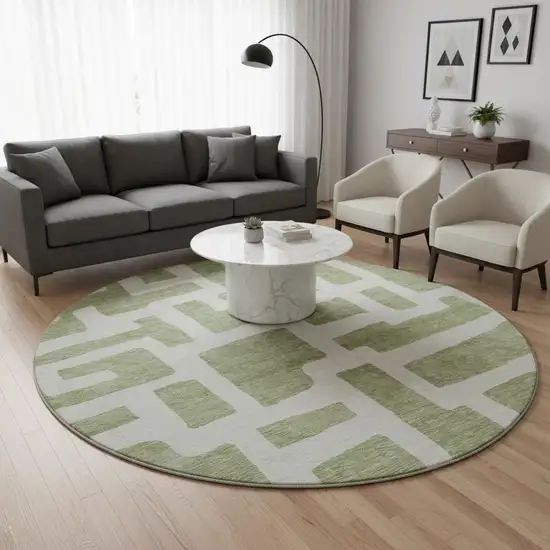 8' Green And Ivory Abstract Geometric Washable Round Rug With UV Protection Photo 2
