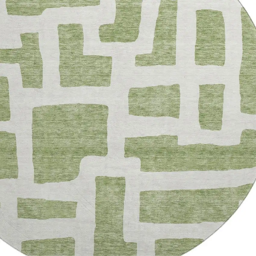 8' Green And Ivory Abstract Geometric Washable Round Rug With UV Protection Photo 3