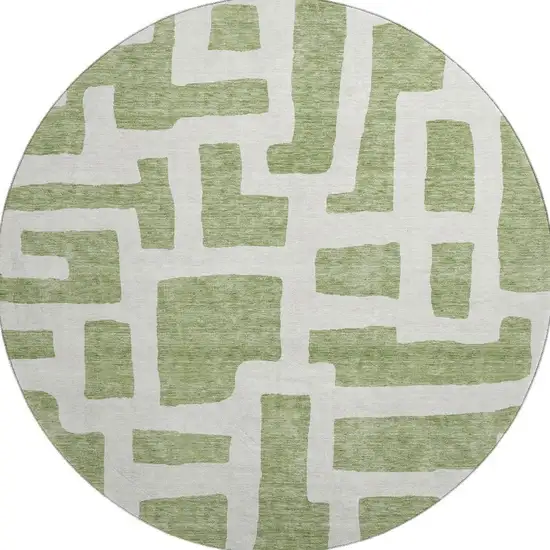 8' Green And Ivory Abstract Geometric Washable Round Rug With UV Protection Photo 4
