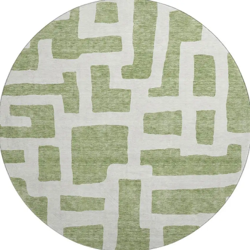 8' Green And Ivory Abstract Geometric Washable Round Rug With UV Protection Photo 4