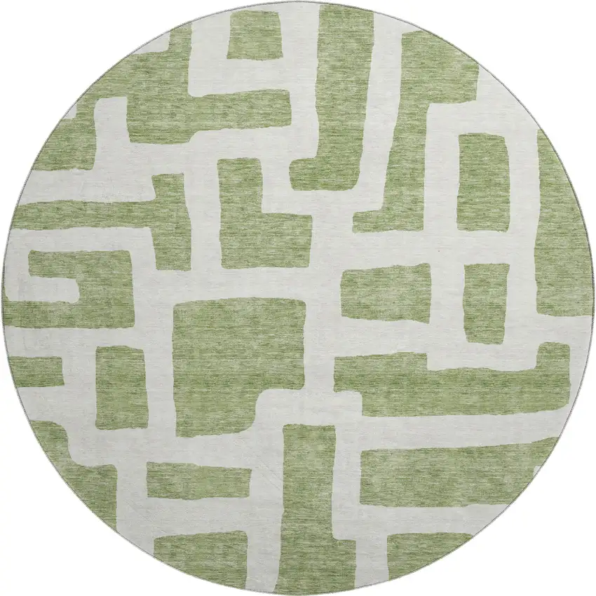 8' Green And Ivory Abstract Geometric Washable Round Rug With UV Protection Photo 1