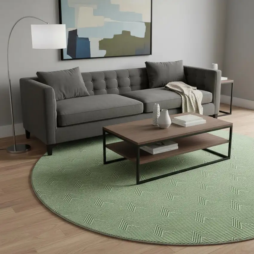 8' Green And Ivory Abstract Geometric Washable Round Rug With UV Protection Photo 2