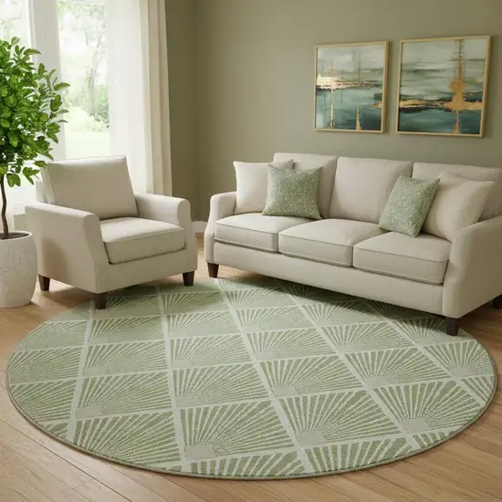8' Green And Ivory Abstract Geometric Washable Round Rug With UV Protection Photo 1