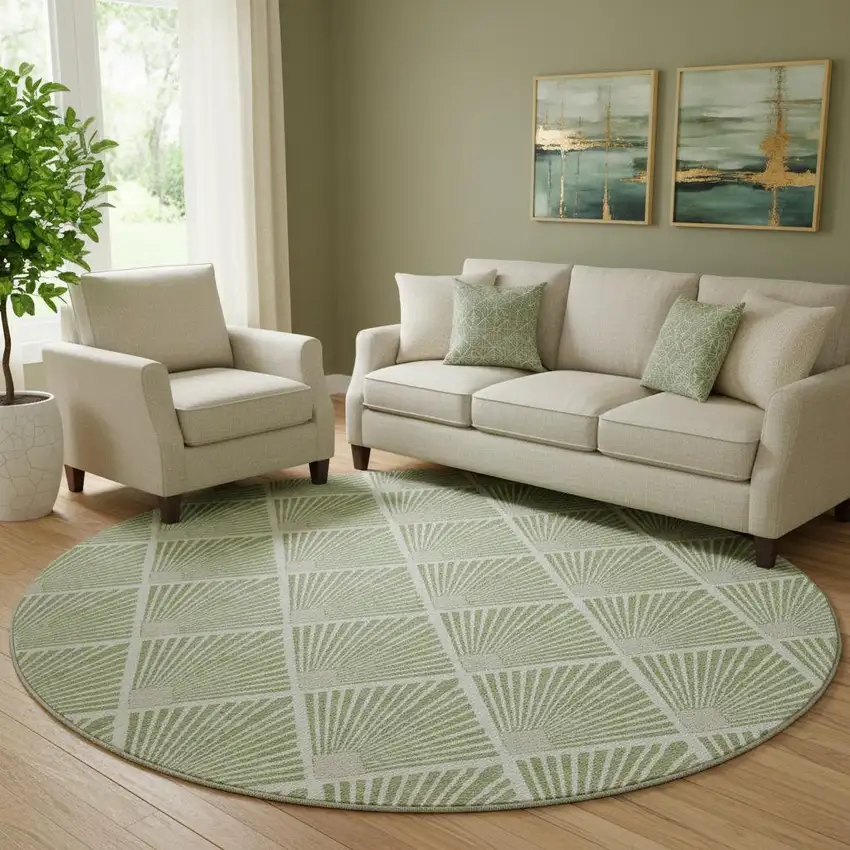 8' Green And Ivory Abstract Geometric Washable Round Rug With UV Protection Photo 1