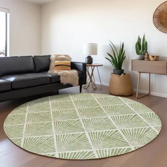 8' Green And Ivory Abstract Geometric Washable Round Rug With UV Protection Photo 5