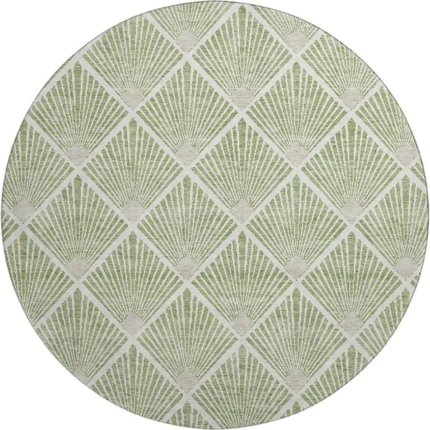 8' Green And Ivory Abstract Geometric Washable Round Rug With UV Protection Photo 1