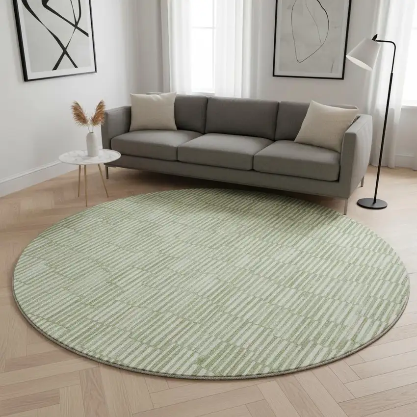 8' Green And Ivory Abstract Geometric Washable Round Rug With UV Protection Photo 2