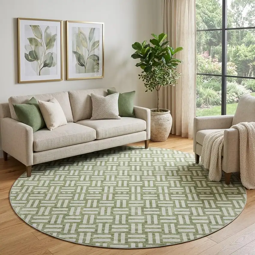 8' Green And Ivory Abstract Geometric Washable Round Rug With UV Protection Photo 1