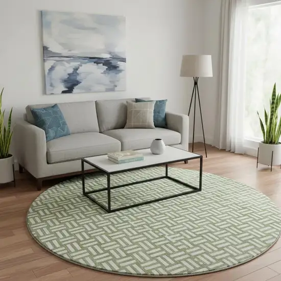 8' Green And Ivory Abstract Geometric Washable Round Rug With UV Protection Photo 2