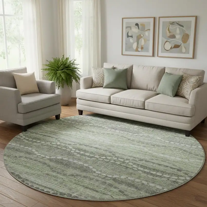 8' Green And Ivory Abstract Geometric Washable Round Rug With UV Protection Photo 1