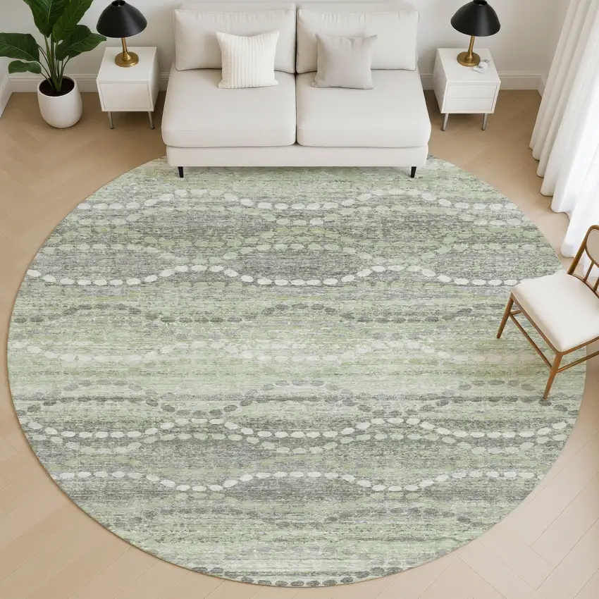 8' Green And Ivory Abstract Geometric Washable Round Rug With UV Protection Photo 5