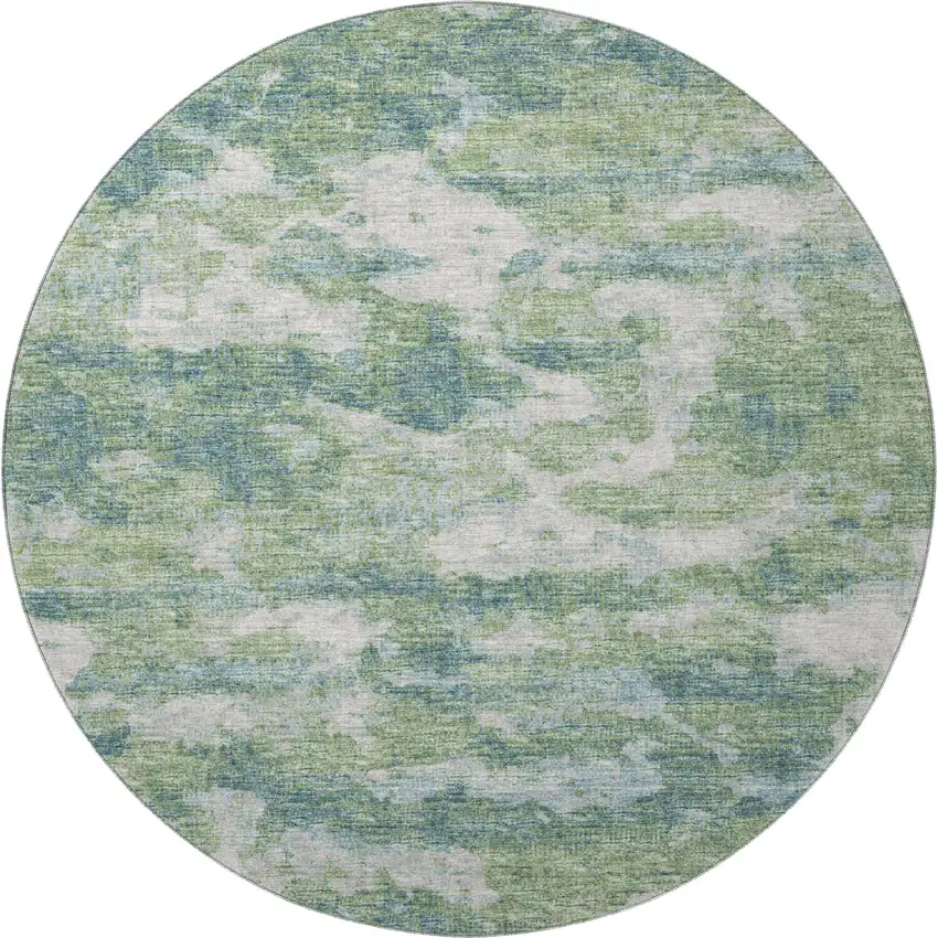 8' Green And Ivory Abstract Washable Round Rug With UV Protection Photo 5