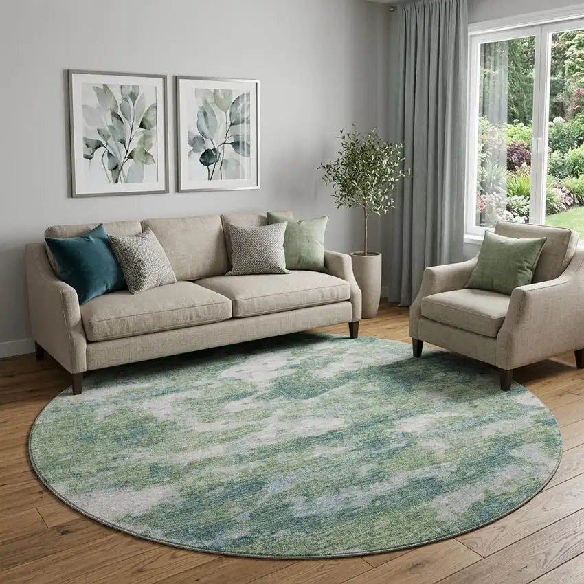 8' Green And Ivory Abstract Washable Round Rug With UV Protection Photo 1