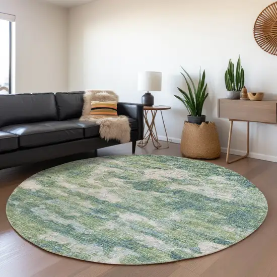 8' Green And Ivory Abstract Washable Round Rug With UV Protection Photo 6