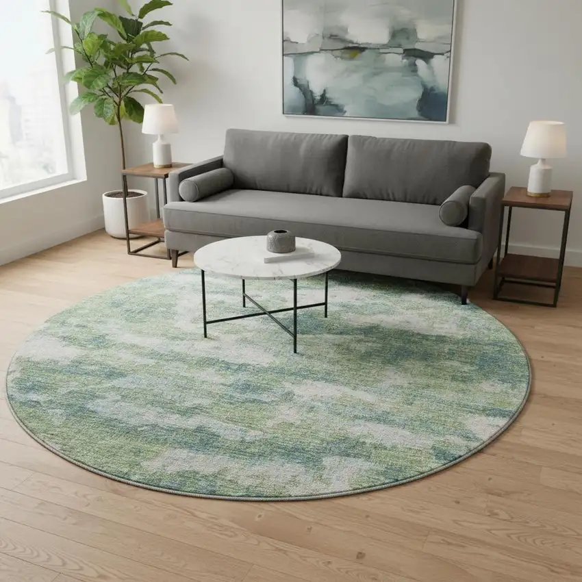 8' Green And Ivory Abstract Washable Round Rug With UV Protection Photo 1