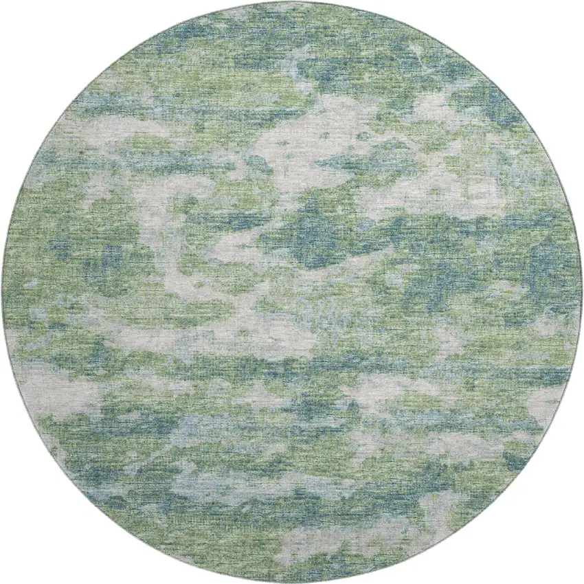 8' Green And Ivory Abstract Washable Round Rug With UV Protection Photo 2