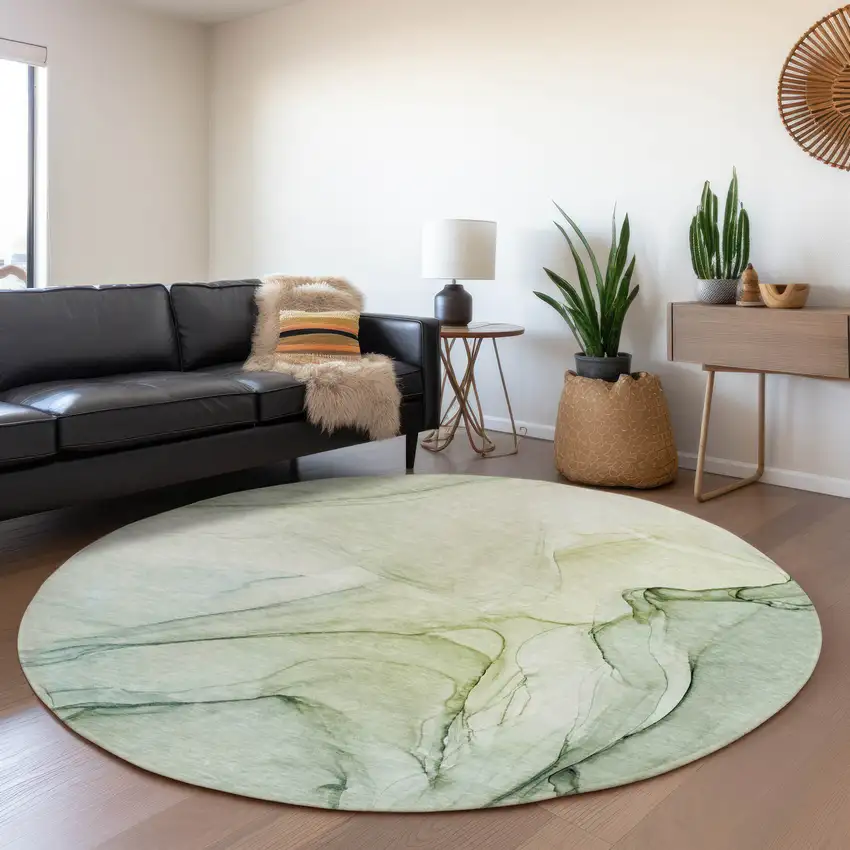 8' Green And Ivory Abstract Washable Round Rug With UV Protection Photo 5