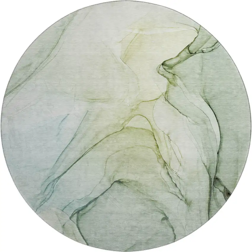 8' Green And Ivory Abstract Washable Round Rug With UV Protection Photo 2