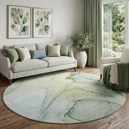 8' Green And Ivory Abstract Washable Round Rug With UV Protection Photo 1