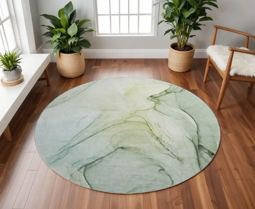 8' Green And Ivory Abstract Washable Round Rug With UV Protection Photo 2
