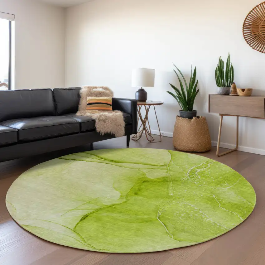 8' Green And Ivory Abstract Washable Round Rug With UV Protection Photo 5