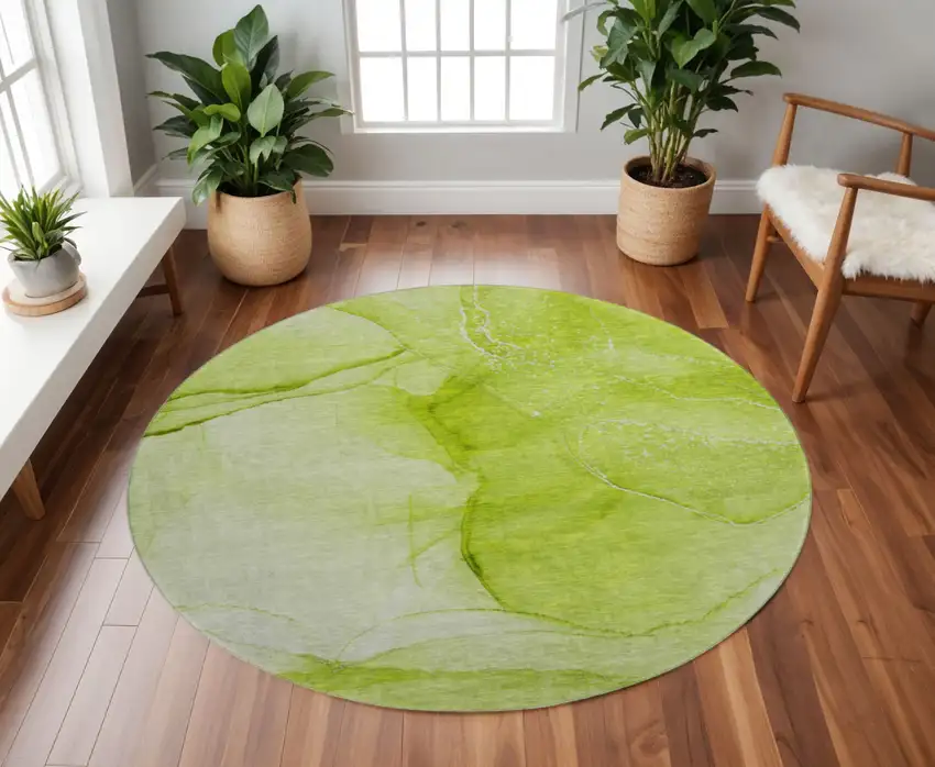 8' Green And Ivory Abstract Washable Round Rug With UV Protection Photo 2
