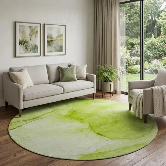 8' Green And Ivory Abstract Washable Round Rug With UV Protection Photo 1