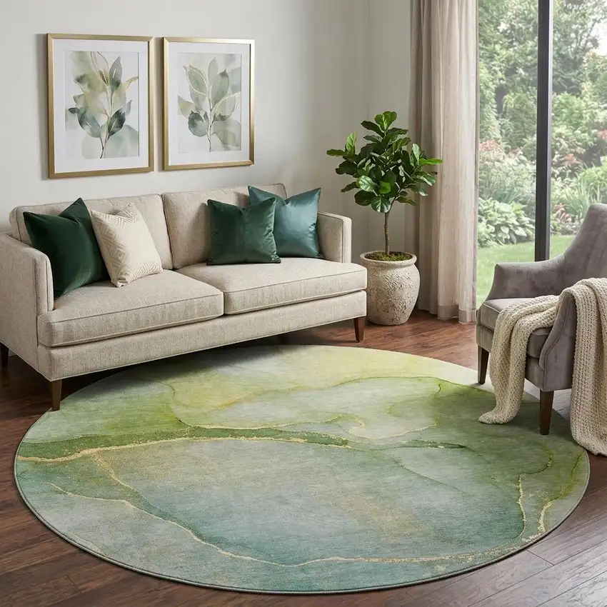 8' Green And Ivory Abstract Washable Round Rug With UV Protection Photo 1