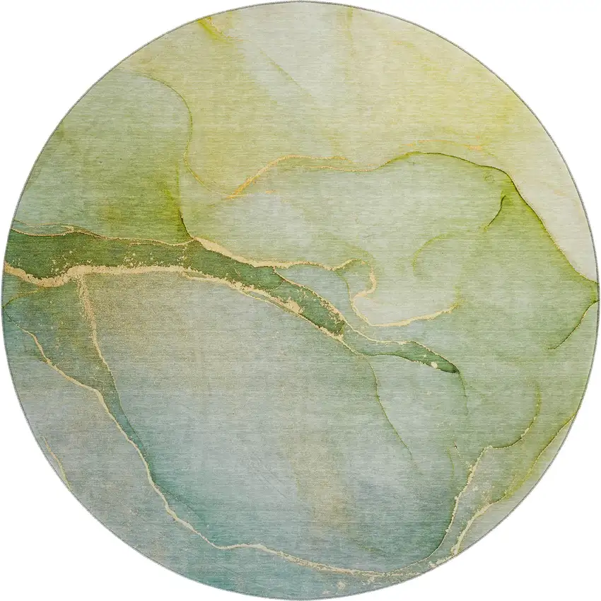 8' Green And Ivory Abstract Washable Round Rug With UV Protection Photo 1