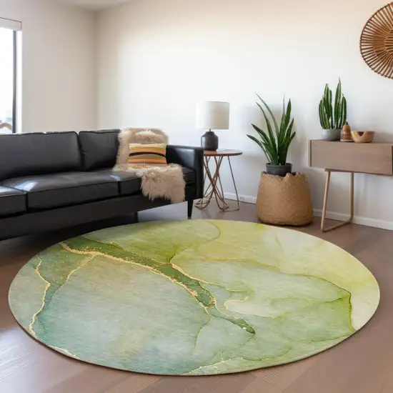 8' Green And Ivory Abstract Washable Round Rug With UV Protection Photo 4