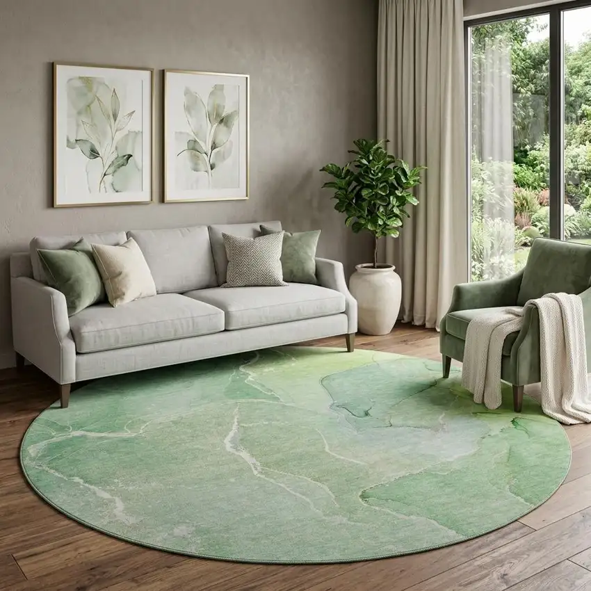 8' Green And Ivory Abstract Washable Round Rug With UV Protection Photo 1
