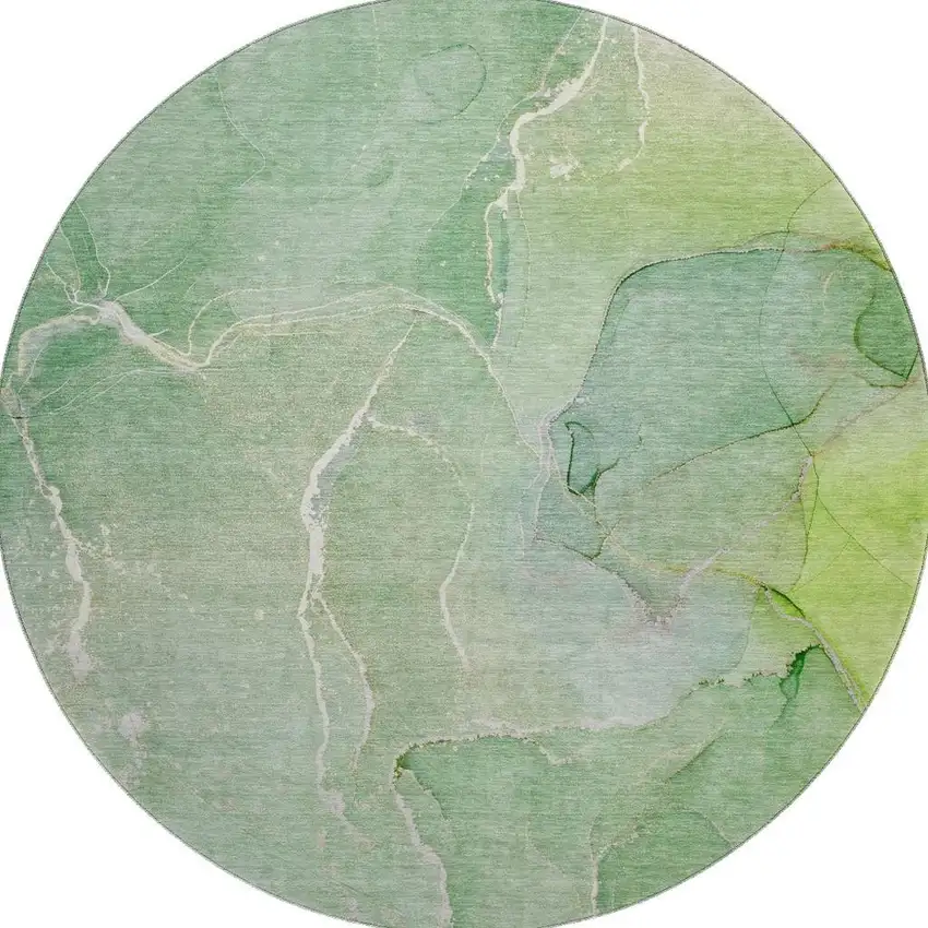8' Green And Ivory Abstract Washable Round Rug With UV Protection Photo 3