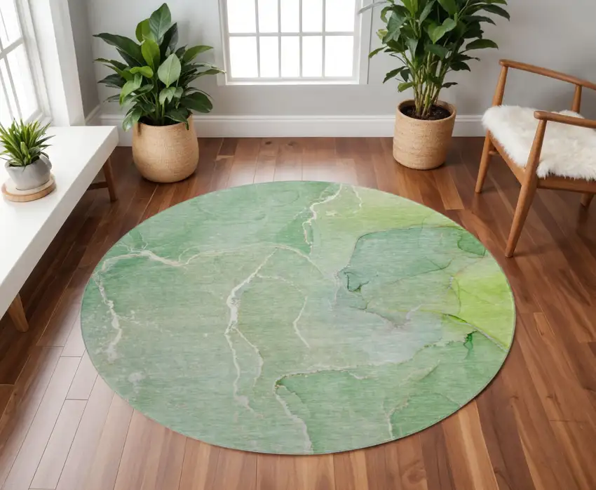 8' Green And Ivory Abstract Washable Round Rug With UV Protection Photo 2