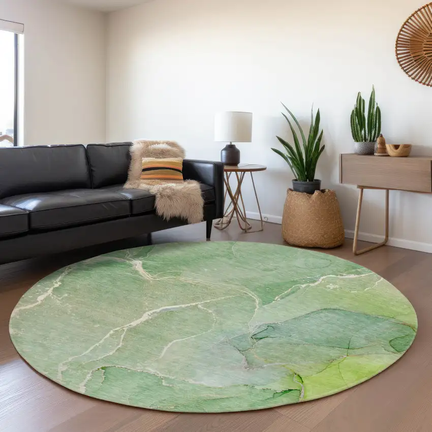 8' Green And Ivory Abstract Washable Round Rug With UV Protection Photo 5