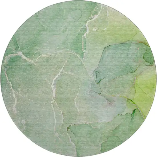 8' Green And Ivory Abstract Washable Round Rug With UV Protection Photo 1
