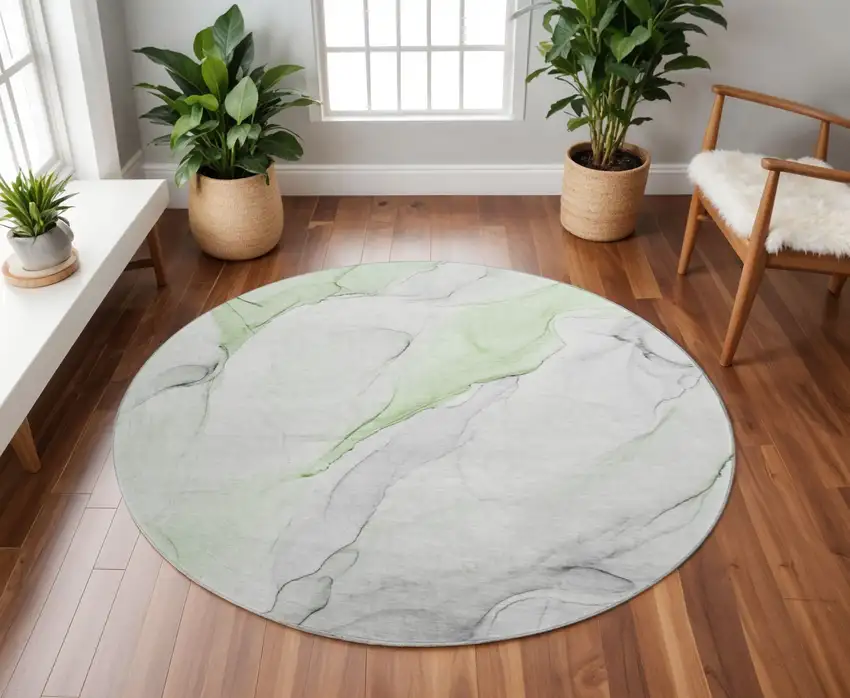 8' Green And Ivory Abstract Washable Round Rug With UV Protection Photo 2