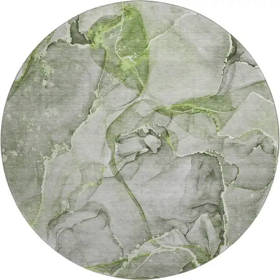 8' Green And Ivory Abstract Washable Round Rug With UV Protection Photo 1