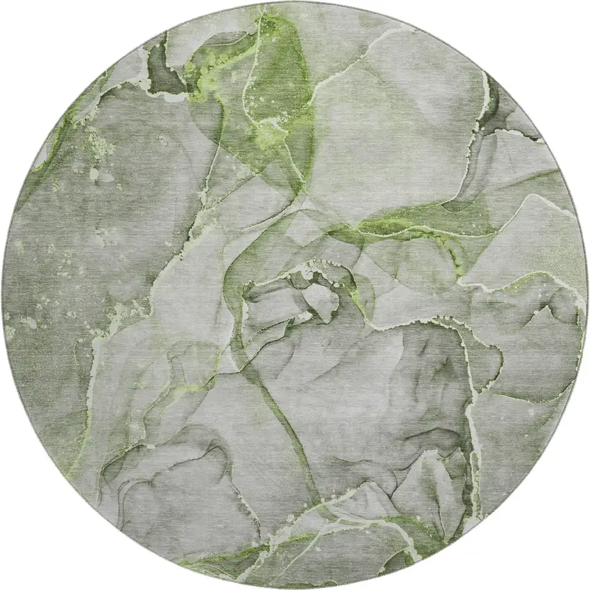 8' Green And Ivory Abstract Washable Round Rug With UV Protection Photo 1