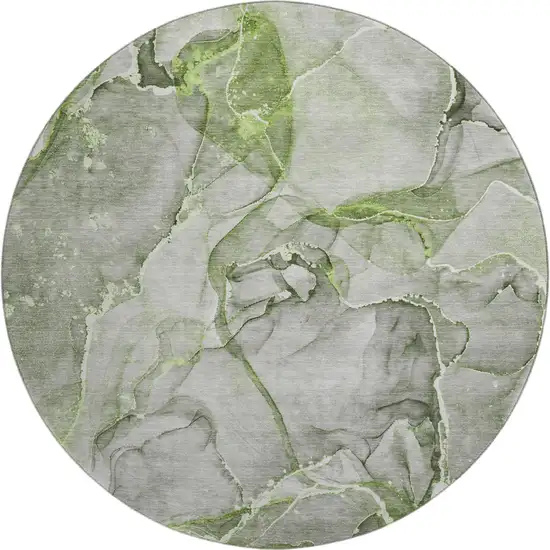 8' Green And Ivory Abstract Washable Round Rug With UV Protection Photo 2
