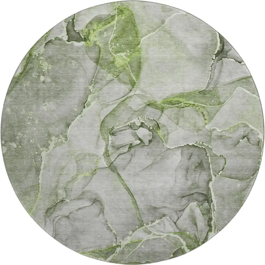 8' Green And Ivory Abstract Washable Round Rug With UV Protection Photo 2