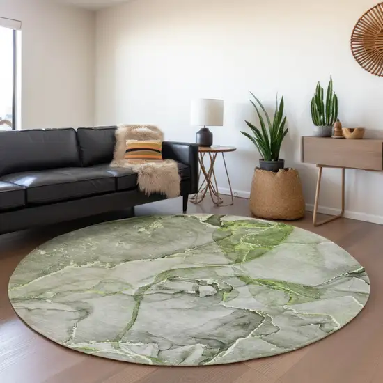 8' Green And Ivory Abstract Washable Round Rug With UV Protection Photo 5
