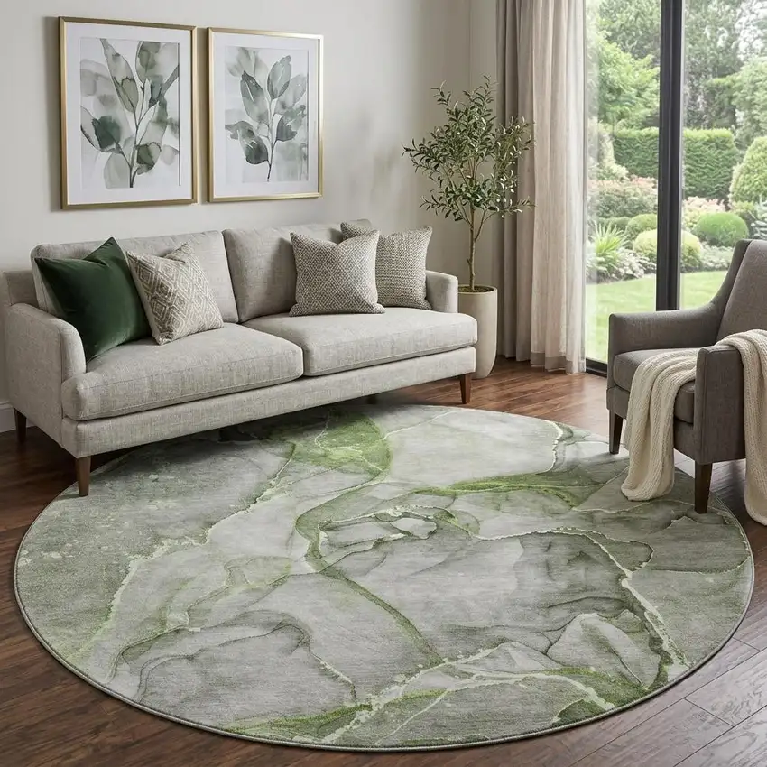 8' Green And Ivory Abstract Washable Round Rug With UV Protection Photo 1